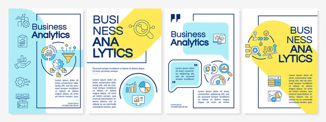 Fototapeta na wymiar Business data analysis blue and yellow brochure template. Monitoring processes. Leaflet design with linear icons. 4 vector layouts for presentation, annual reports. Questrial, Lato-Regular fonts used