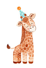 Watercolor giraffe in party hat isolated on white background