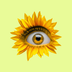 Yellow camomile flower with an eye inside it on bright background. Modern design. Contemporary art. Creative collage. Beauty, art, vision, fashion
