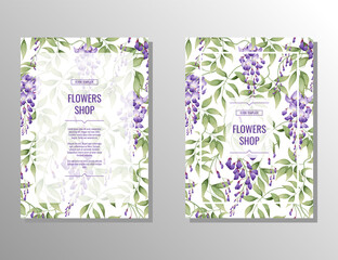 Flyer set with purple wisteria. Flower and garden shop. Banner, poster, brochure, cover, template, invitation a4 size for business