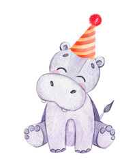 Watercolor hippo in party hat isolated on white background