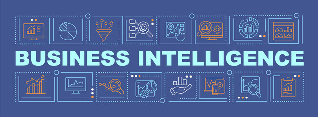 Business intelligence implementation word concepts dark blue banner. Infographics with icons on color background. Isolated typography. Vector illustration with text. Arial-Black font used