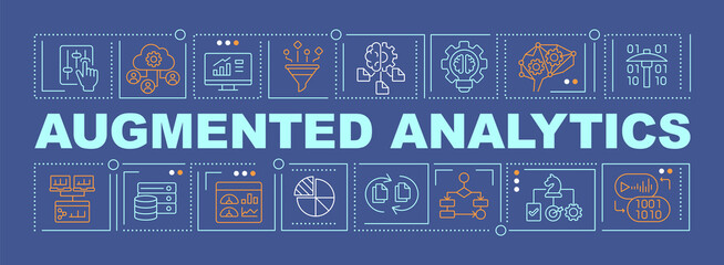 Advanced analytics word concepts dark blue banner. Enhance analytical abilities. Infographics with icons on color background. Isolated typography. Vector illustration with text. Arial-Black font used