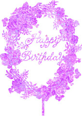 Wreath of flowers and berry glitter texture purple colour. Happy birthday cake topper. Invitation clipart .