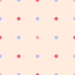Pattern with blue, red and beige circles on a pink background
