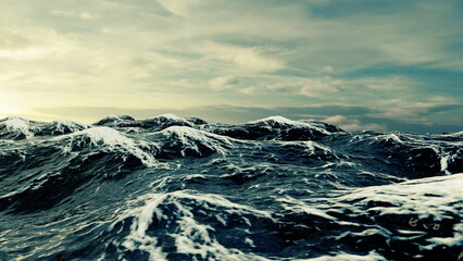 beautiful seascape with large waves with foam sunset background. 3d render
