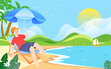 Obraz na płótnie Canvas Boy sunbathing by the beach in summer, vector illustration