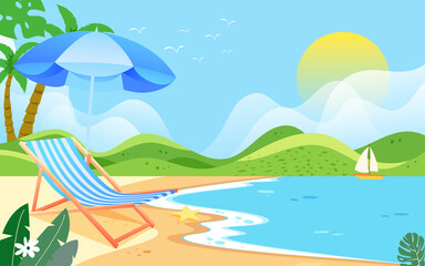 Fototapeta na wymiar Boy sunbathing by the beach in summer, vector illustration