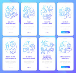 Stakeholder blue gradient onboarding mobile app screen set. Walkthrough 4 steps graphic instructions pages with linear concepts. UI, UX, GUI template. Myriad Pro-Bold, Regular fonts used