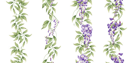 Set of vertical seamless borders with purple wisteria and green leaves. Asian plants. Botanical flower illustration for wedding design, wallpaper, advertising. - obrazy, fototapety, plakaty