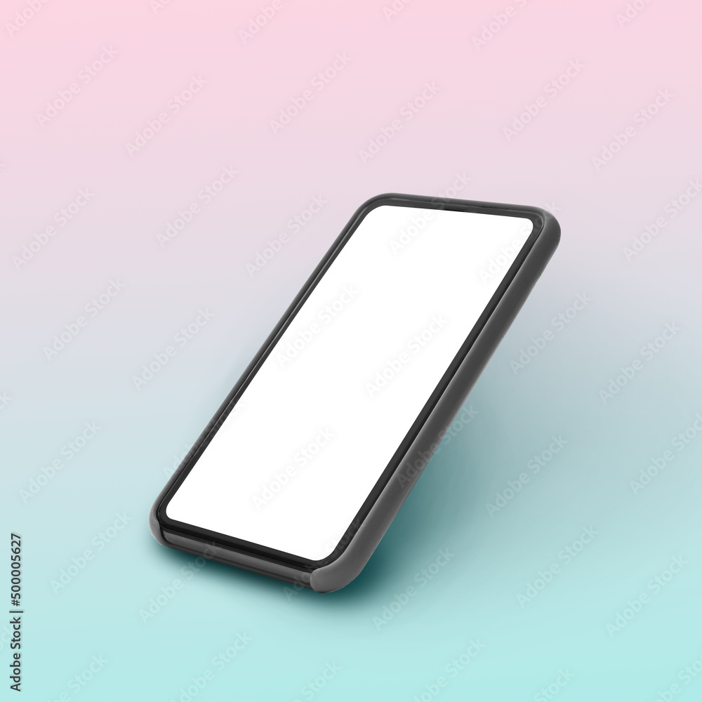 Poster mobile phone with empty screen over neon studio background, square