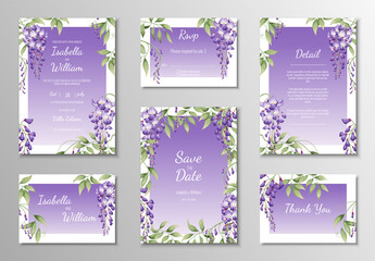 Set of wedding templates, banners, invitations for the holiday.Beautiful postcard decor with purple wisteria - obrazy, fototapety, plakaty