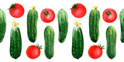 Watercolor seamless border with seasonal vegetables, tomatoes and cucumbers