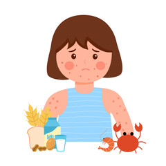Girl kids having food allergy symptom to products like seafood, gluten, egg, peanut and milk in flat design. Child got red spots on her skin.