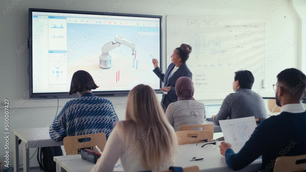 Poster Black Teacher Explain Engineering to Students And Point at projection screen  with Program for Work of Robotic Arm. Smart Future Developers Listen Attentively. Computer Science Education, Design,Study