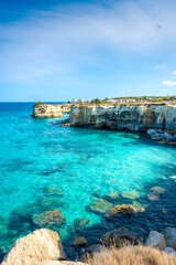 SALENTO, ITALY, 11 AUGUST 2021 The beautiful crystal clear Sea of Apulia from the cliffs and the...