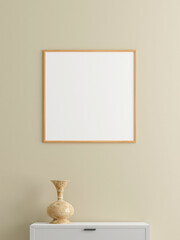 Minimalist square wooden poster or photo frame mockup on the wall in the living room with desk. 3d rendering.