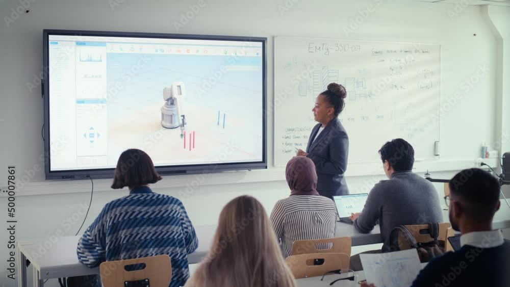 Poster brilliant future engineers listening lecturer, female student raise hand and ask a question. black s