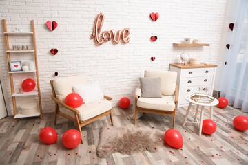 Naklejka na ściany i meble Cozy living room decorated for Valentine Day. Interior design