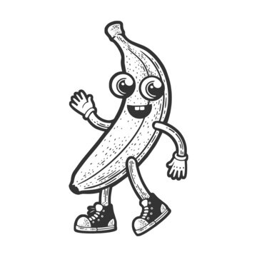 Happy walking cartoon banana fruit sketch engraving vector illustration. T-shirt apparel print design. Scratch board imitation. Black and white hand drawn image.