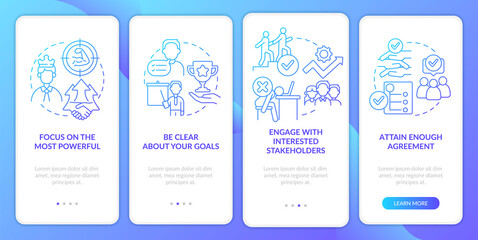 Stakeholders engagement blue gradient onboarding mobile app screen. Walkthrough 4 steps graphic instructions pages with linear concepts. UI, UX, GUI template. Myriad Pro-Bold, Regular fonts used