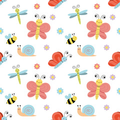 Seamless repeat pattern with fun happy bugs, insects, bee, flowers on a white ground EPS vector