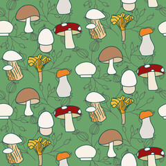 Vector seamless half-drop pattern, with mushrooms