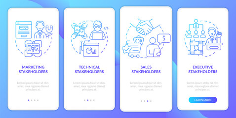 Types of stakeholders blue gradient onboarding mobile app screen. Walkthrough 4 steps graphic instructions pages with linear concepts. UI, UX, GUI template. Myriad Pro-Bold, Regular fonts used