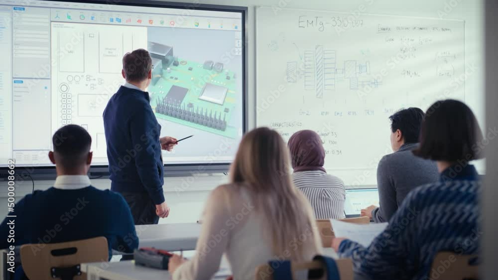 Poster confident male teacher using digital interactive screen, talk to group of diverse students and showi
