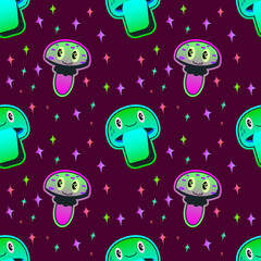 Obraz premium Seamless illustration with bright psychedelic mushrooms kawaii face EPS vecor