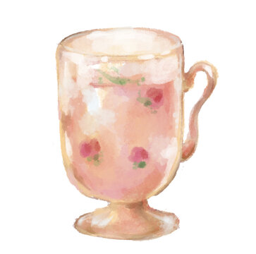 Organic rose tea in glass cup healthy self care drink watercolor painting illustration