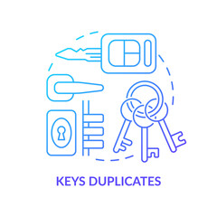 Keys duplicates blue gradient concept icon. Things to pack for evacuation. Emergency go bag abstract idea thin line illustration. Isolated outline drawing. Myriad Pro-Bold font used