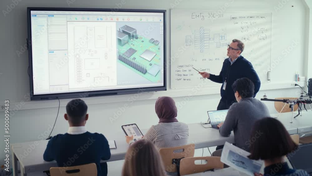 Poster Male Teacher Explain to Students During Lesson About Computer Motherboard Components at University. He Uses projection screen . 3D Modelling of Circuit Board Concept. High Angle View