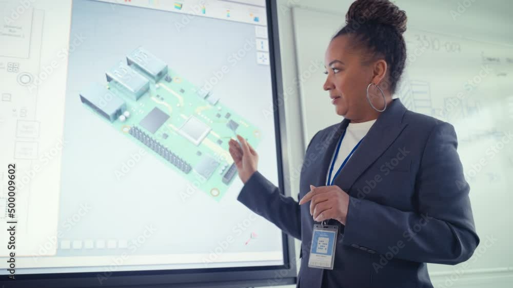Poster female black teacher use digital interactive whiteboard, talk to students and show 3d computer mothe