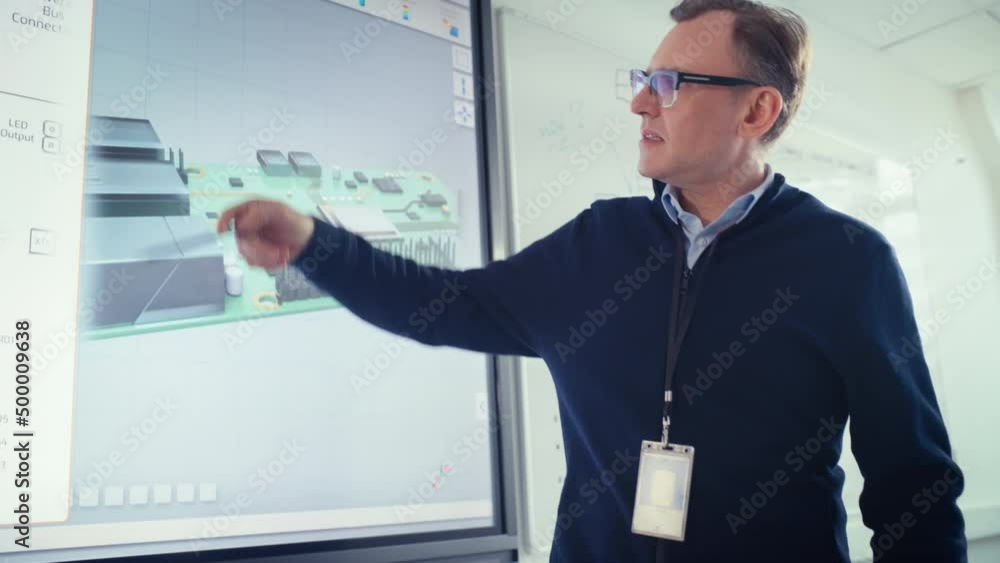 Poster male teacher stand near digital interactive whiteboard and point at 3d processor during lesson about