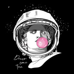 Plaster head Apollo statue in a retro space Astronaut's helmet with a pink bubble gum. Humor poster, t-shirt composition, hand drawn style print. Vector illustration.