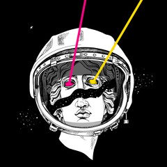 Collage in a Zine Culture style. Plaster head Apollo statue in a retro space Astronaut's helmet. Humor poster, t-shirt composition, hand drawn style print. Vector illustration. - 500010431