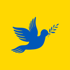 White dove with olive branch on Ukraine flag. Ukraine and Russia war