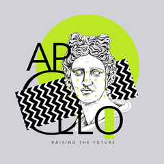 Bright colored collage in a Zine Culture style. Apollo Plaster head statue with a geometry form. Humor poster, t-shirt composition, hand drawn style print. Vector illustration.