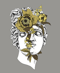 Apollo Plaster head statue with a flowers, buds and leaves. Creative poster, t-shirt composition, hand drawn style print. Vector illustration.