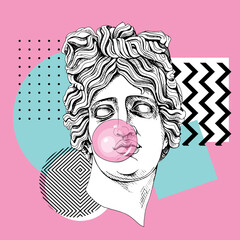 Poster in a Zine Culture style. Apollo Plaster head statue with a pink bubble gum. Humor poster, t-shirt composition, hand drawn style print. Vector illustration.