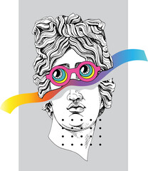 Bright colored collage in a Zine Culture style. Apollo Plaster head statue in a Eyes glasses mask with a geometry form. Humor poster, t-shirt composition, hand drawn style print. Vector illustration.