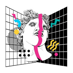 Bright colored collage in a Memphis art  style. Apollo Plaster head statue with a decor geometry. Humor poster, t-shirt composition, hand drawn style print. Vector illustration.