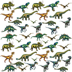 Pattern from different types of dinosaurs on a white background. Watercolor drawing of prehistoric reptiles.