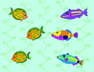 Vector illustration, colorful tropical fish with underwater foliage
