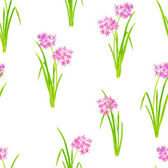 Seamless pattern of delicate pink flowers with bright green leaves on a white background. Pencil drawing.