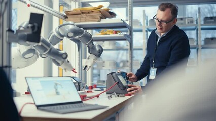 Male Senior Developer Works on Engineering Project, Changes Robot Hand Position with Lever. Empowered Engineer Have Creative Project. Breakthrough in Robotics Concept