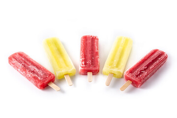 Strawberry and lemon popsicles isolated on white background	