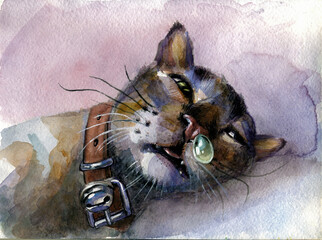 Watercolor drawing of a funny cat with a snotty bubble.