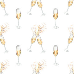 Watercolor champagne glasses seamless pattern on white background